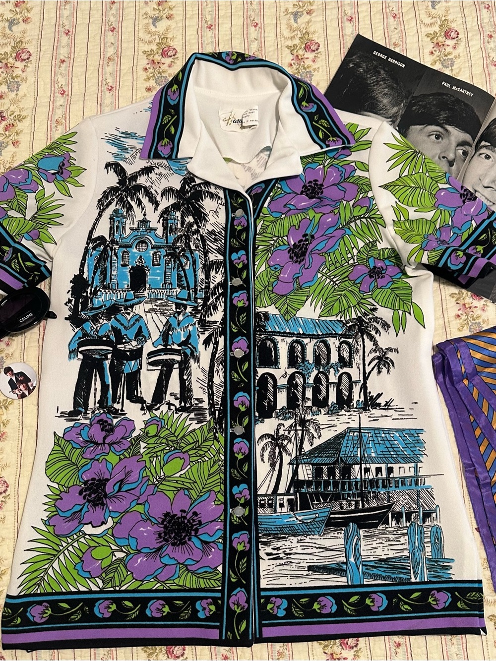 True Vintage 60s 70s Hamilton 8 Mexico Novelty Print Tropical Button Blouse S/M